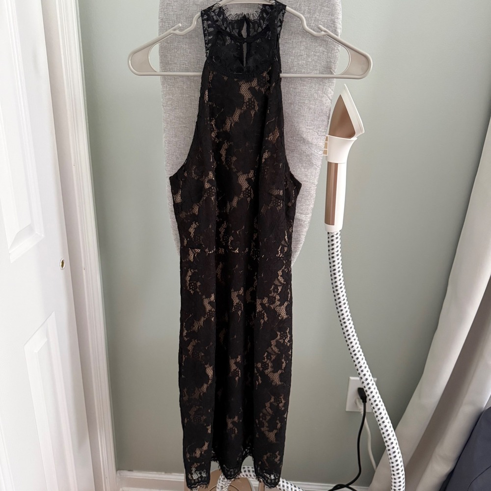 Sans Souci Black Floral Lace Maxi Dress M Nude Lined Gothic Romantic C6SD13